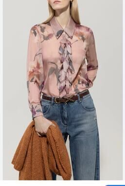 Luisa Cerano Silk Ruffle Front  Blouse in Pink Floral 42 US 12